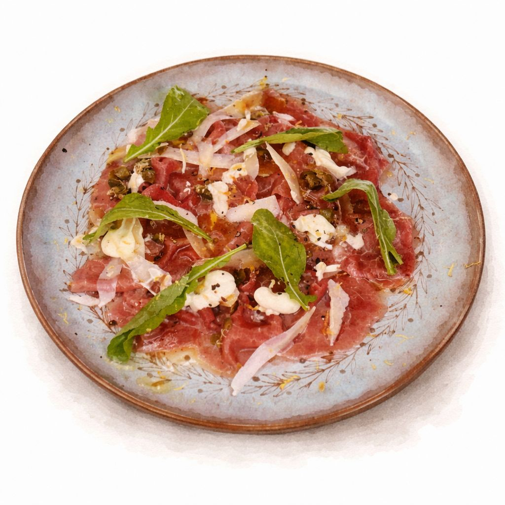 Carpaccio, aioli de mostarda Dijon, alcaparras e lascas de parmesão, temperados com pimenta moída, flor de sal e azeite.