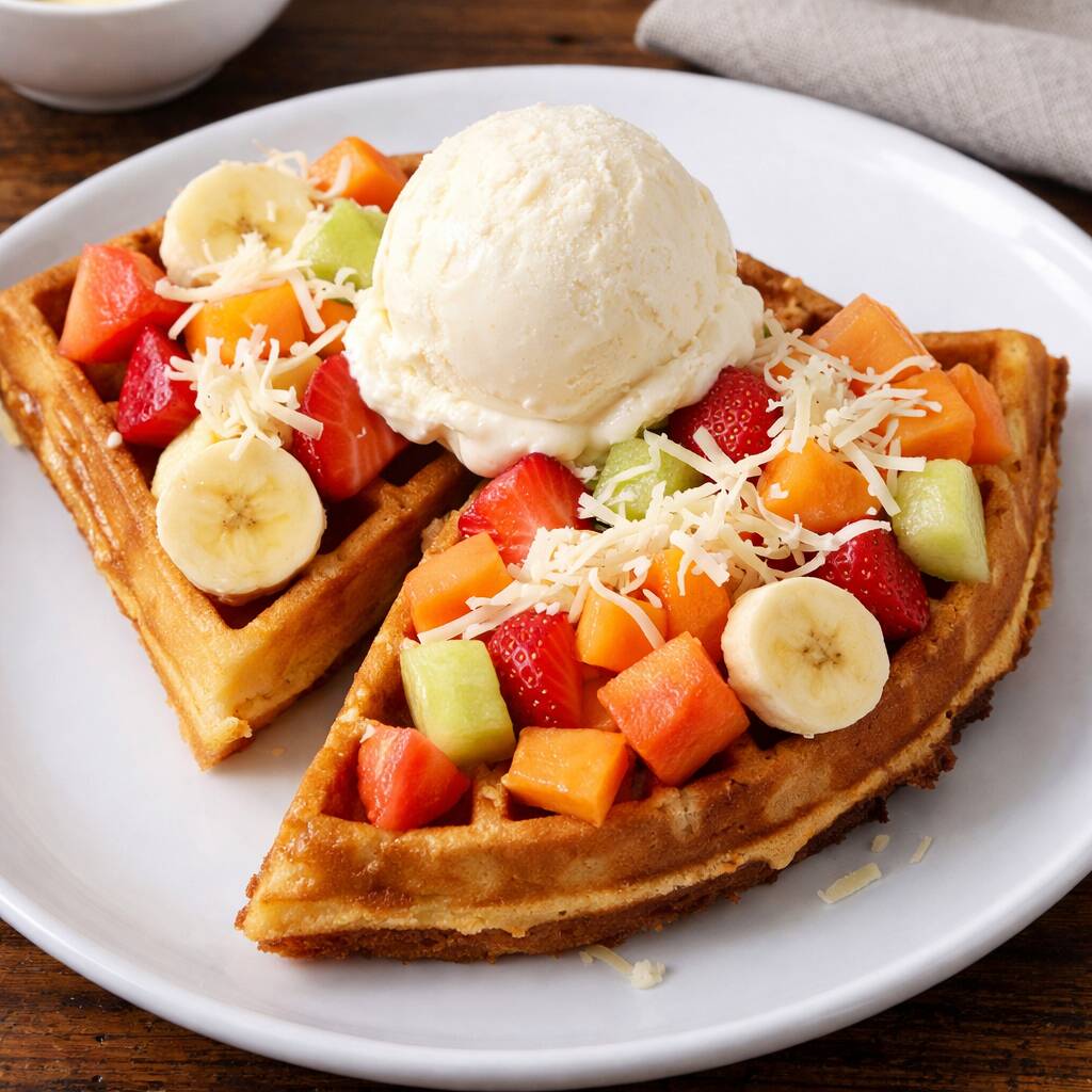 Medio Wafle, Fruta, Helado y Queso