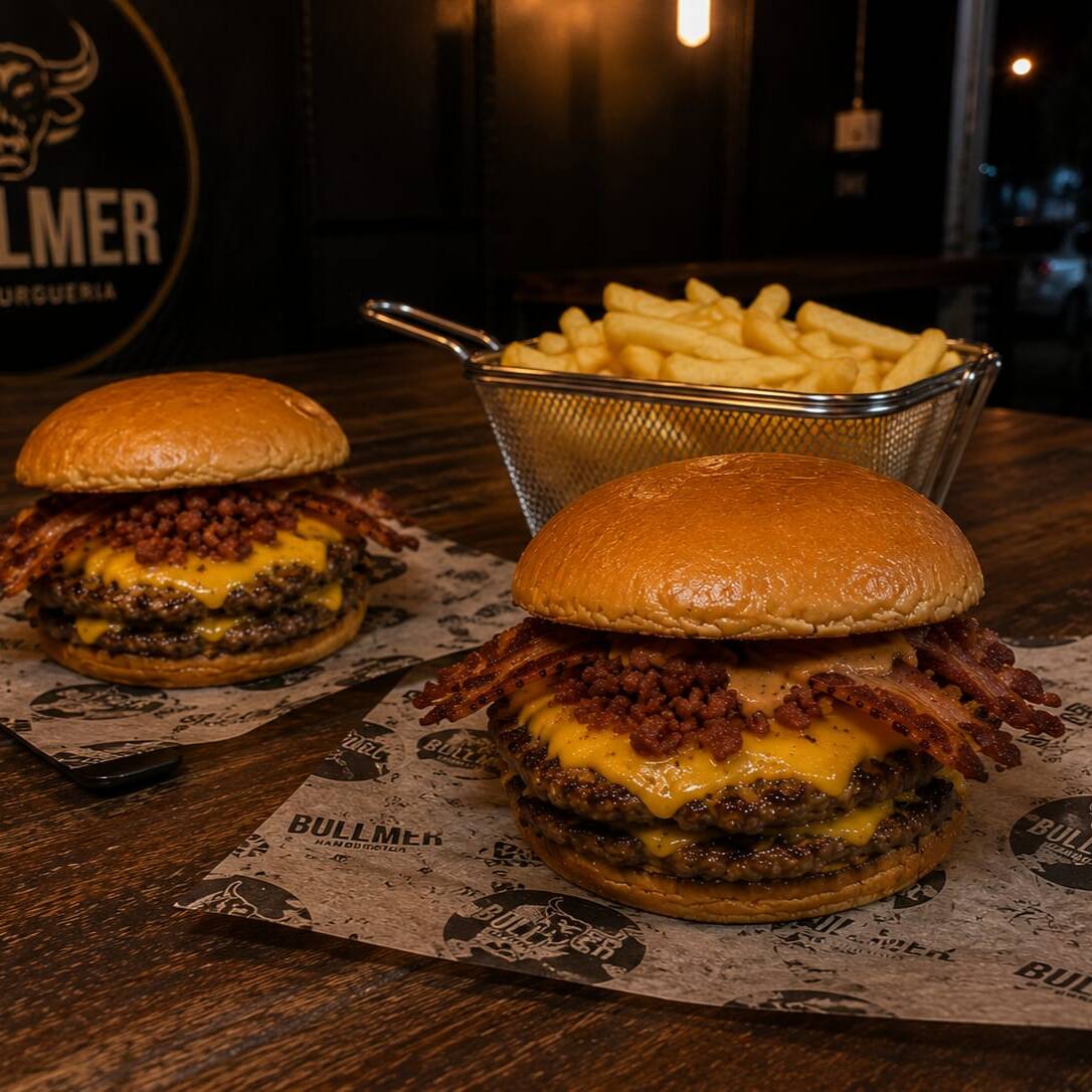 Acompanha dois smashe duplo bacon (Pão de brioche selado na manteiga, duas carnes tipo smash de 90g cada, cheddar Polenghi, bacon crocante, ceboxa chapeada e nossa deliciosa maionese de alho) + uma porção de batata média, aprox 120g (pesada antes da cocção).