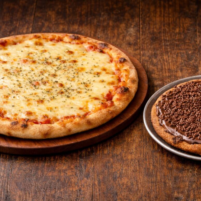 1 Pizza Grande Mussarela + 1 Pizza Broto de Brigadeiro + 1 Coca-cola
