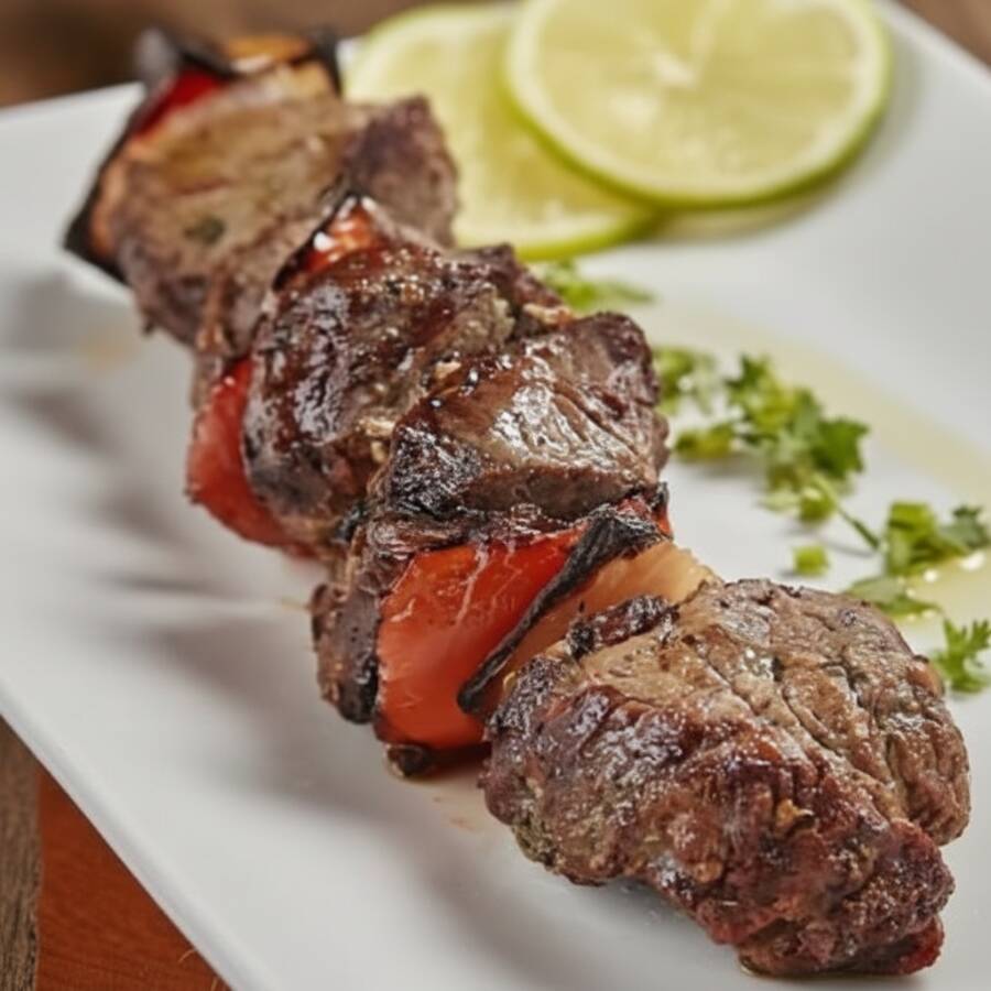 Tenros Cubos de Filé Mignon intercalados com Cebola e Pimentão