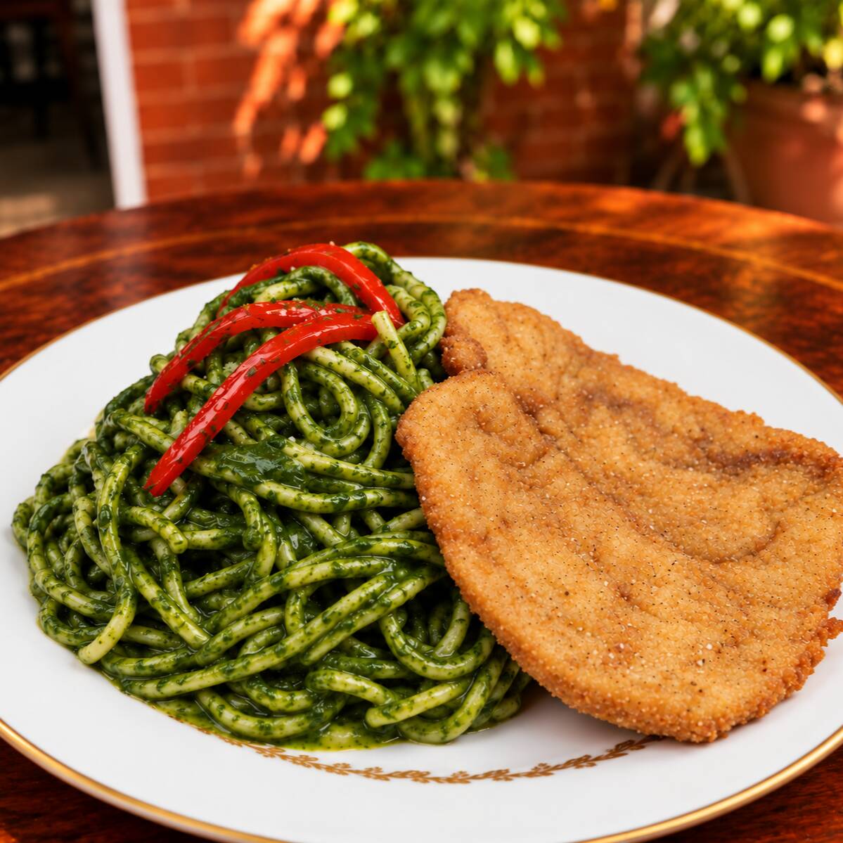 Tallarines verdes con milanesa