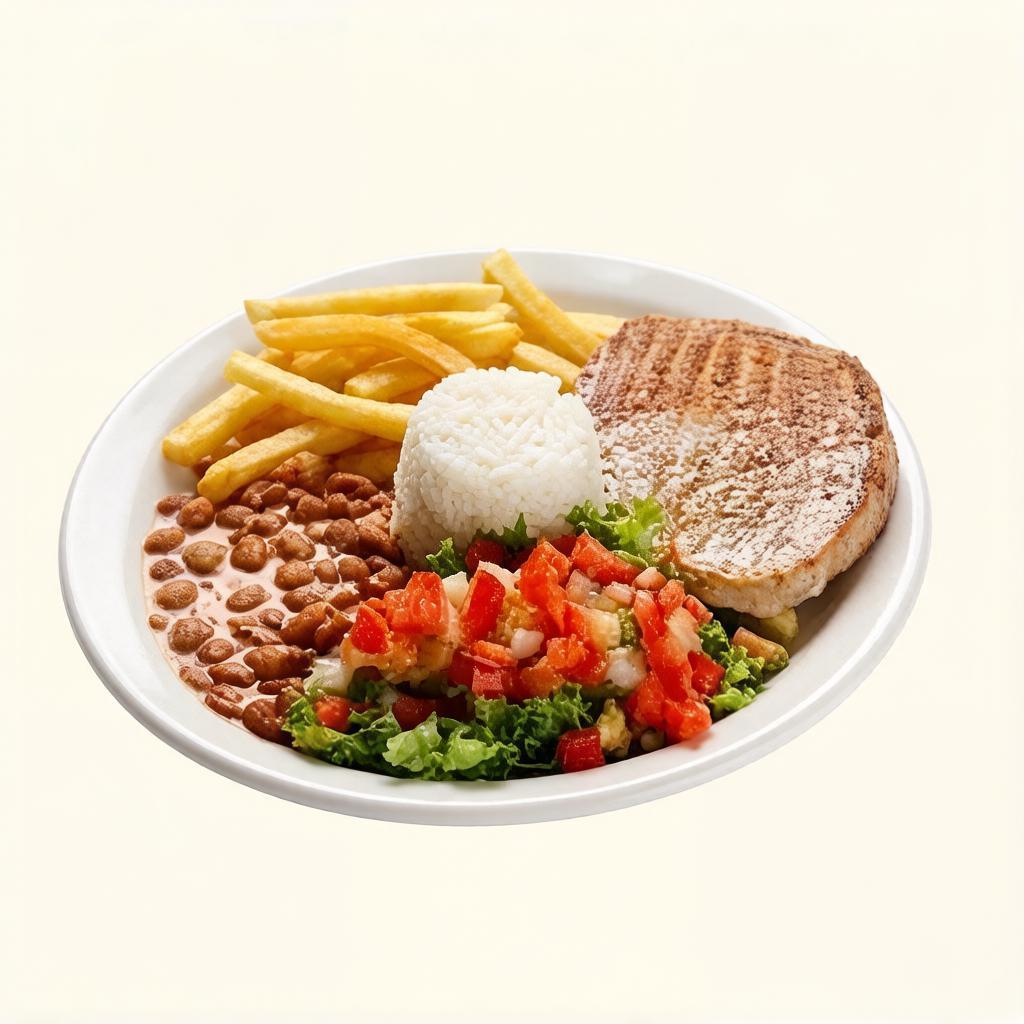 Marmita com bife de vaca grelhada, acompanhada de arroz, feijão macarrão, batata frita e uma salada. Uma opção que vai agradar a todos os paladares!