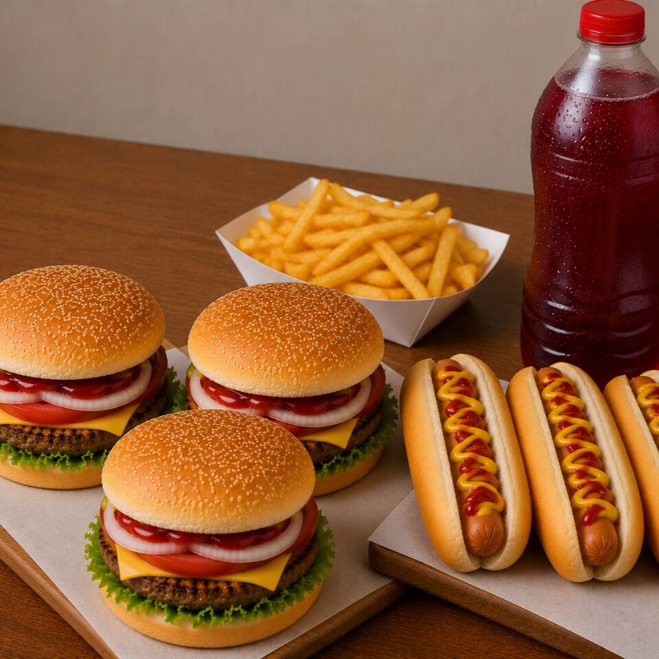3 Hamburguesas, 3 hot dog, porción papas, agua🍟🍟