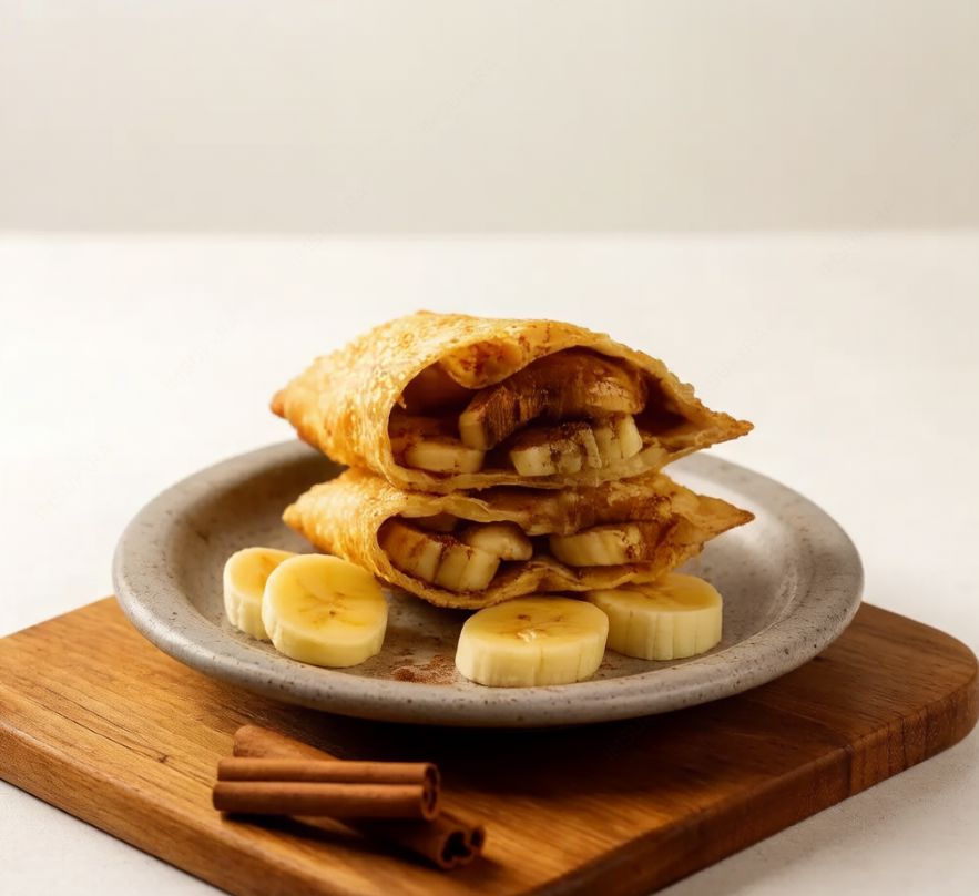 Banana quentinha, polvilhada com açúcar e canela. Crocante por fora e com aquele sabor caseiro que a gente ama!