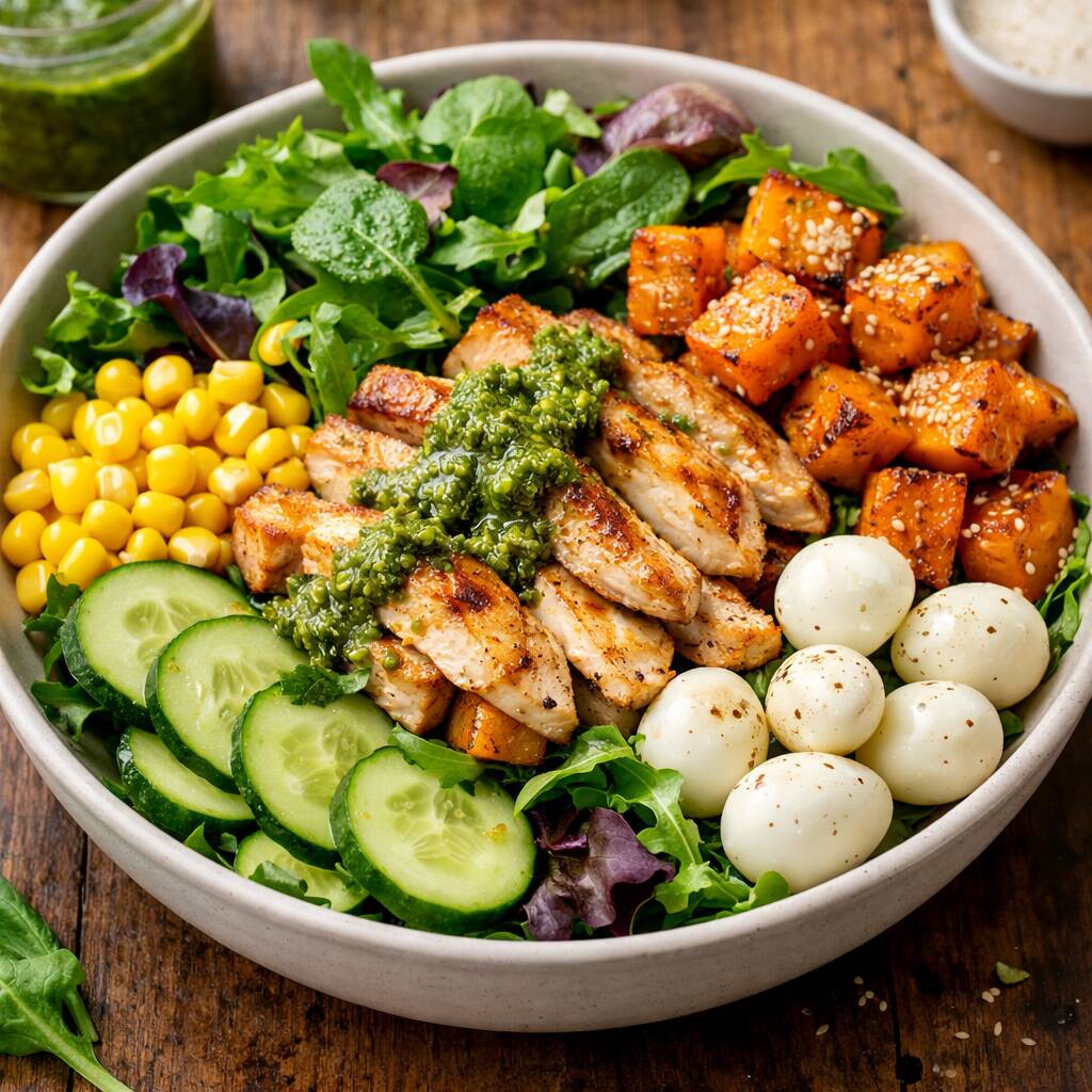 Mix de folhas frescas com milho crocante, pepino em rodelas, ovos de codorna, abóbora assada levemente caramelizada no mel e tiras de frango grelhado (100g), finalizada com molho pesto aromático. Uma combinação equilibrada, nutritiva e cheia de sabor