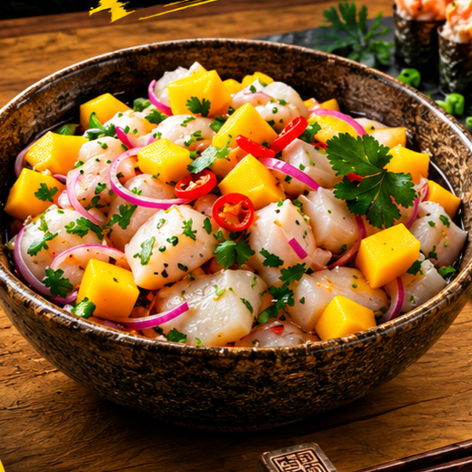 Tilapia fresca marinado com molhos da casa limao cebola cebolinha manga tomate cereja gengilin