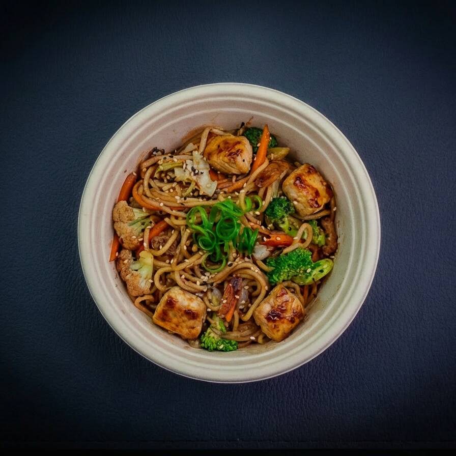 Frango salteado no 'sopro da wok' com macarrão udon produzido na casa, repolho, cenoura, brócolis, couve-flor, óleo de gergelim e molho yaki, finalizado com mix de gergelim tostado e cebolinha verde. Picância ajustável (0-5).