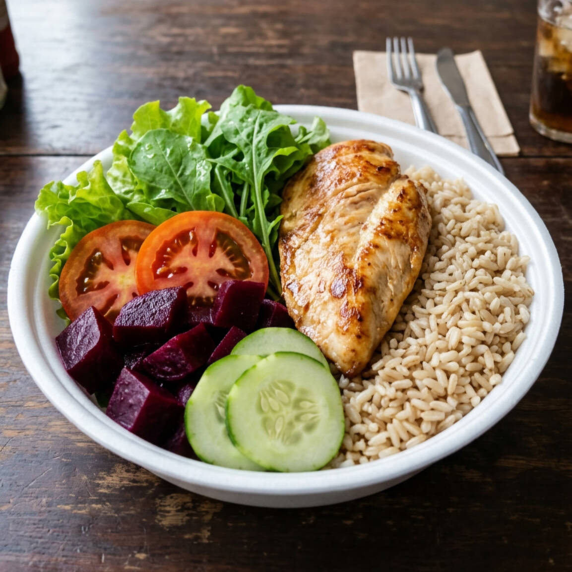 Frango grelhado macio e bem temperado! Servido arroz integral, folhas verdes frescas, pepino com tomate, beterraba ralada e salada de macarrão.