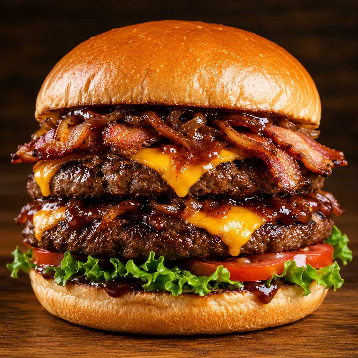 Dois hambúrgueres artesanais, totalizando 320 g de carne, com queijo cheddar, bacon crocante, cebola caramelizada, molho barbecue, alface e tomate. Um burger gigante, suculento e feito para quem está com fome de verdade.