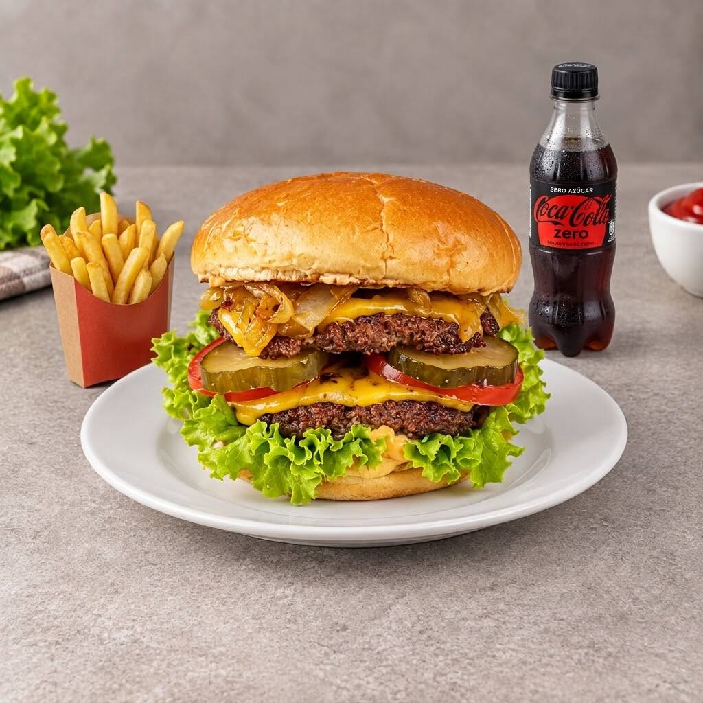 Combo: Hamburguesa Doble Furia + Papas + Bebida