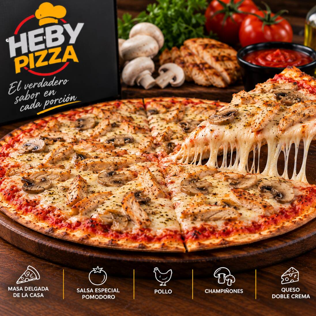 Pizza 4 Porciones Pollo con Champiñones