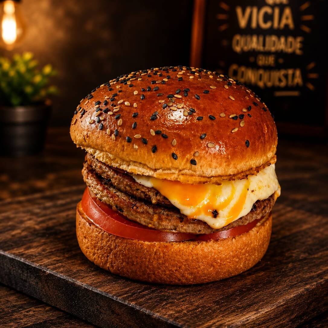2X Carnes de hamburgue 56g cada uma , rmussarela,ovo,tomate,batata palha e barbecue