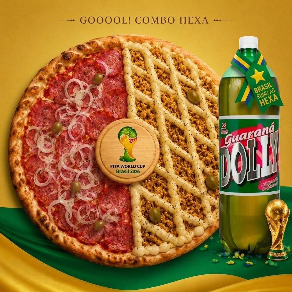 Aproveite esse combo perfeito! Uma pizza grande bem recheada até 2 sabores a sua escolha, servida em 8 fatias generosas. E pra completar, você ainda leva um Dolly Grátis 2L inteirinha grátis para acompanhar. Ideal para dividir com a família ou amigos!