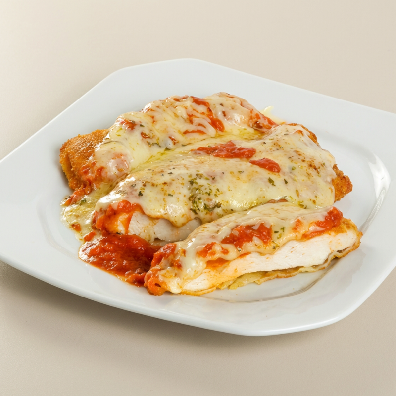 Arroz, feijão, filé de frango empanado coberto com molho de tomate e queijo
