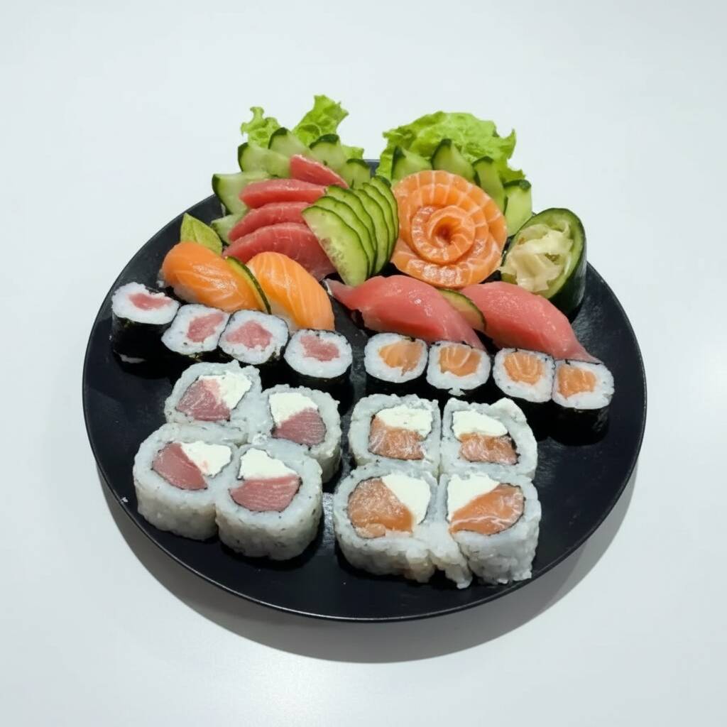 4un sashimi atum, 4un sashimi salmão, 2un niguiri atum, 2un salmão, 4un hossomaki atum, 4un hossomaki salmão, 4un uramaki salmão, 4un uramaki atum.