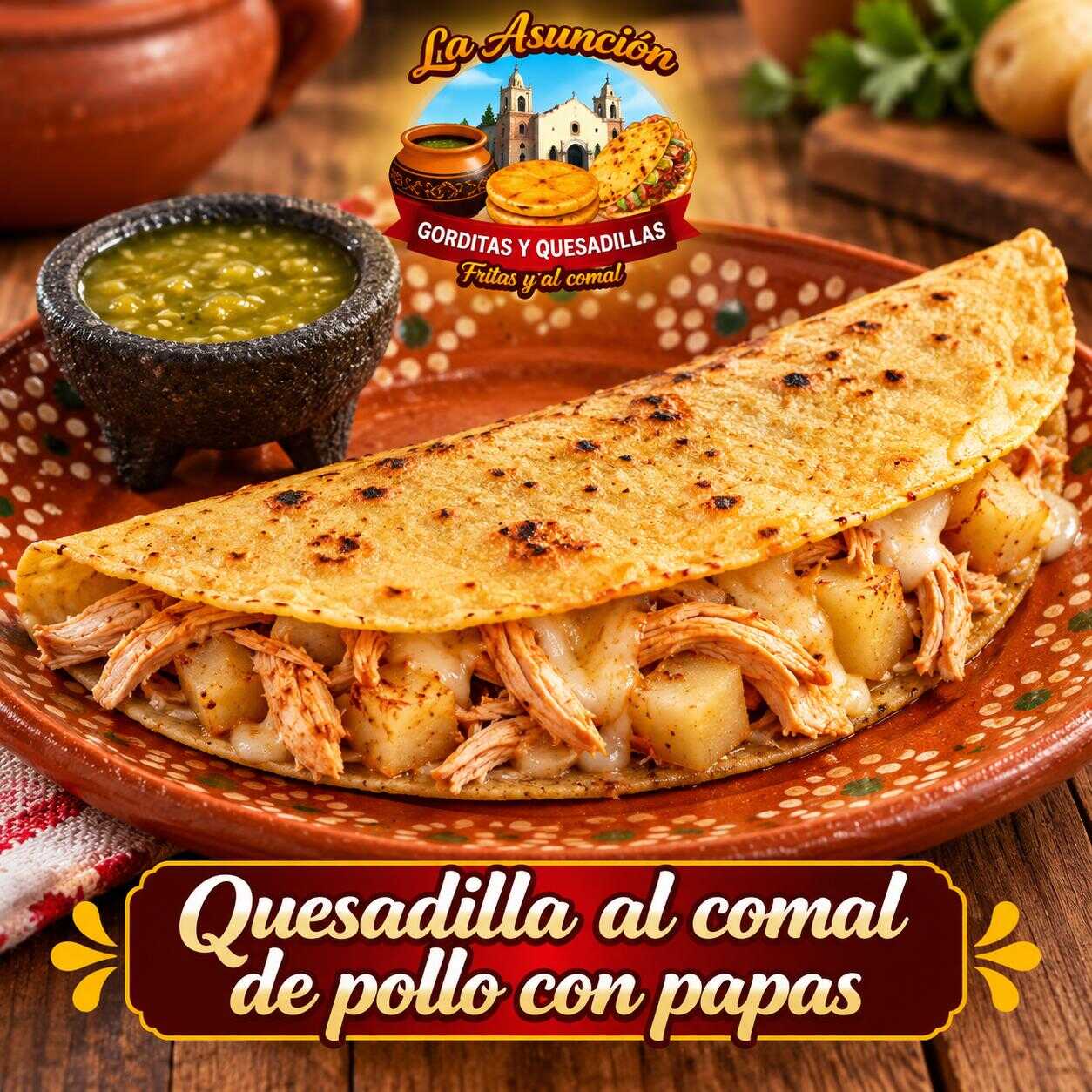 QUESADILLA AL COMAL DE POLLO CON PAPAS
