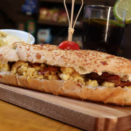 Baguete, requeijão, ovos mexidos, muçarela derretida, bacon e Batatas Fritas Fininhas para acompanhar