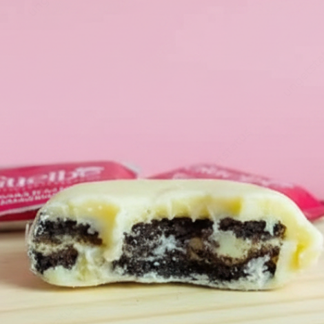 Tamanho 6×6. Base de brigadeiro branco, com pedaços de biscoito oreo e banhada no leite em pó