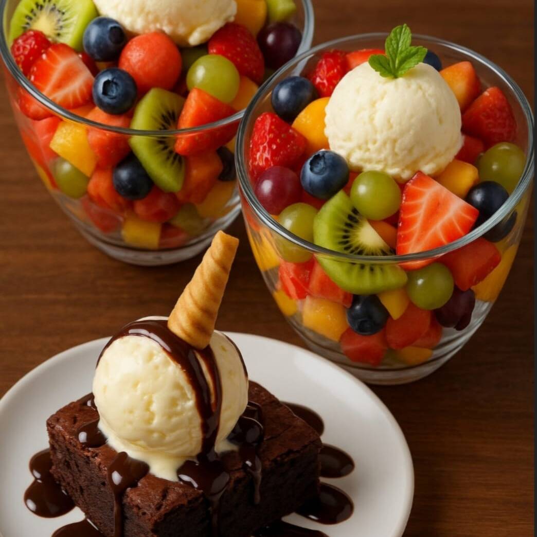 2 ensalada de frutas Jr + 1 Brownie con helado