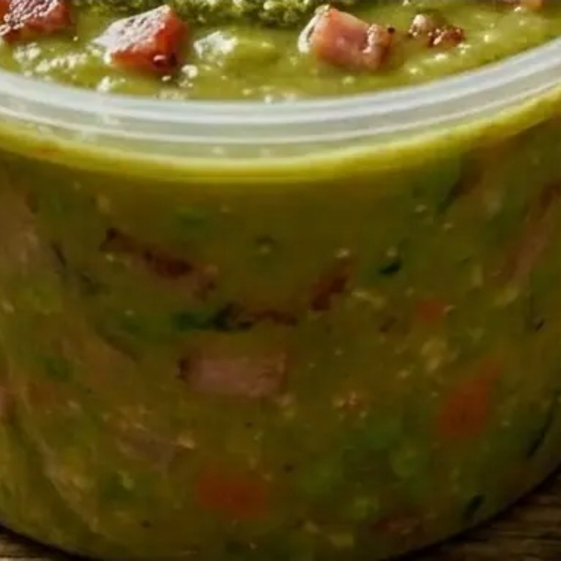Caldo pronto para comer, chega quentinho na sua casa. Caldo de ervilha com bacon, calabresa, costelinha e tempero caseiro.