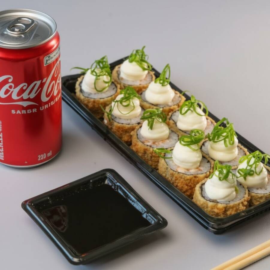 Deliciosa porção com 10 unidades de Hot Roll de Salmão acompanhada de uma Coca Cola de 220ml.
