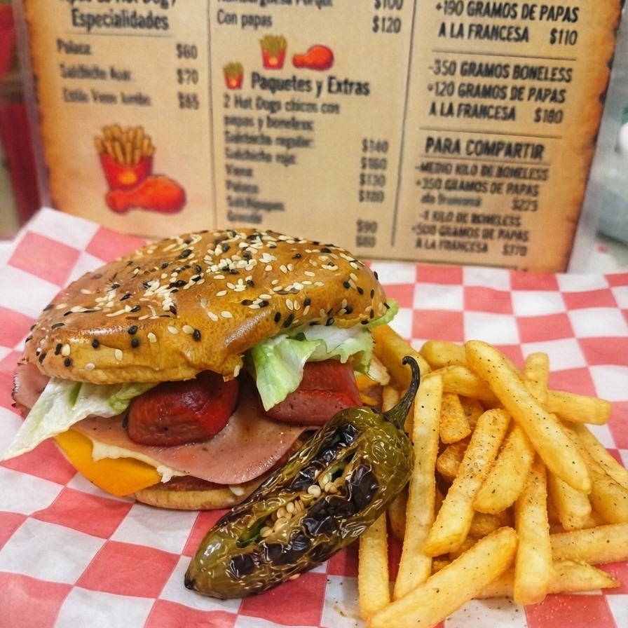 Hamburguesa porki con papas😎$120