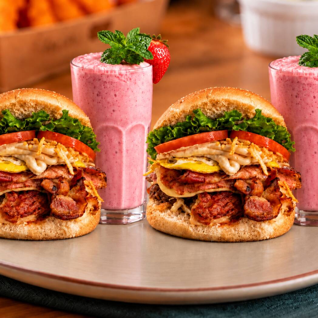 2 lanches à sua escolha, acompanhados de 2 cremes de morango 300ml, cremosos e refrescantes. Uma combinação completa para aproveitar o lanche e finalizar com um toque doce.