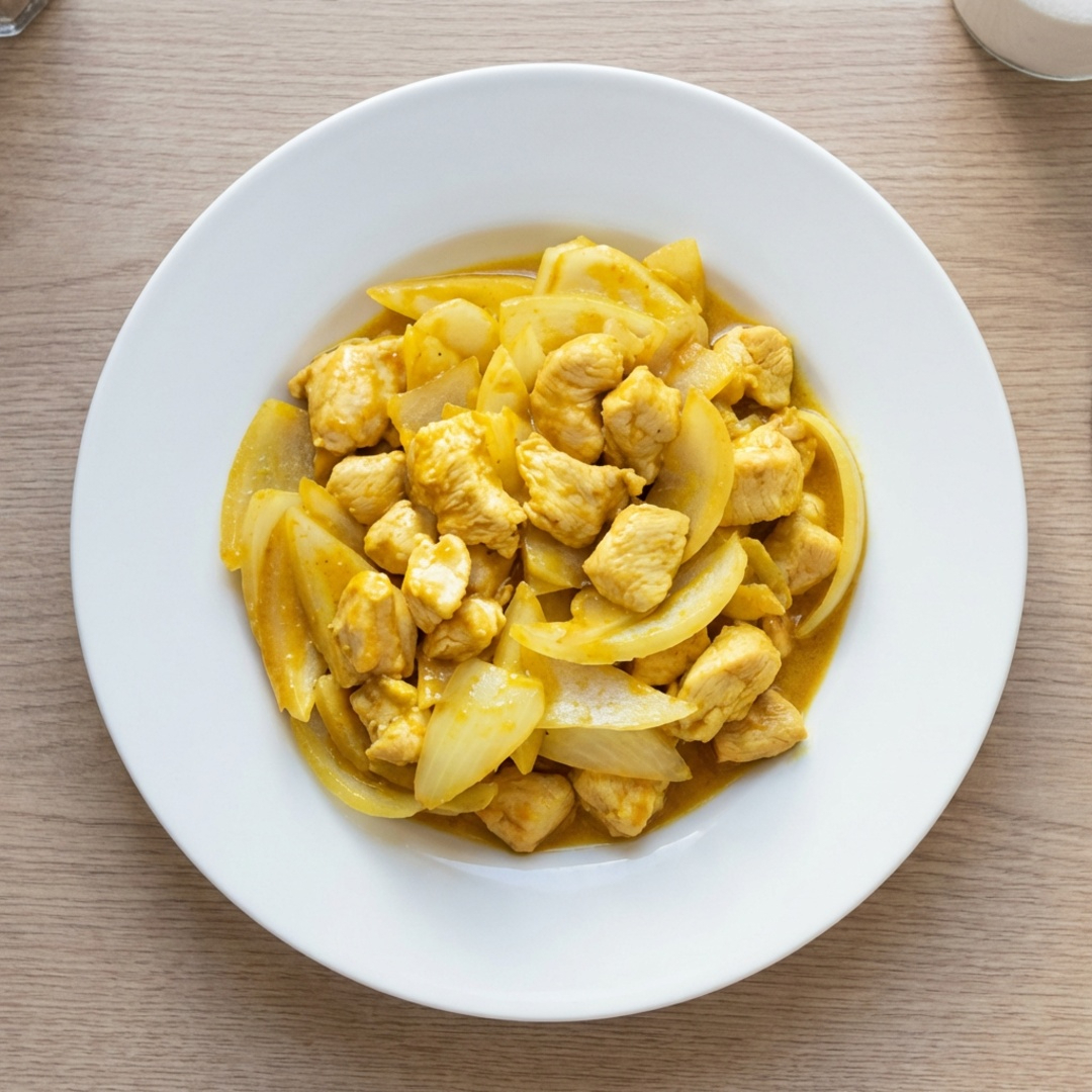 Cubos de peito de frango, cebola e molho levemente picante