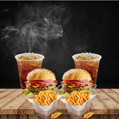 2 Hamburguesas Dobles, 2 Papas y 2 Mr Tea..