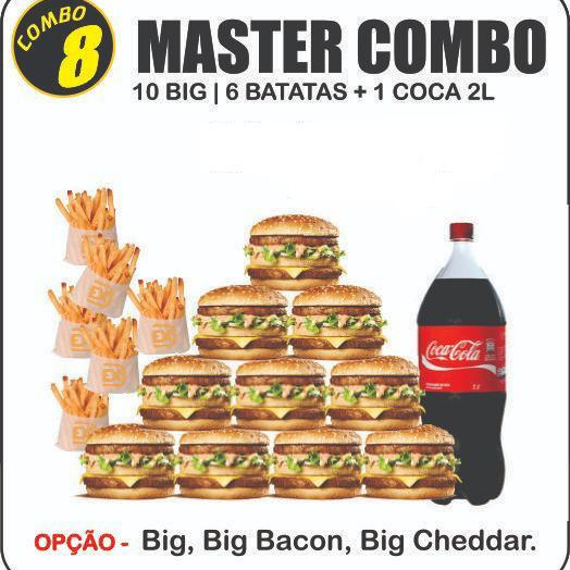 10 lanches de sua escolha 6 batatas e 1 coca 2l (big tradicional big bacon e big cheddar bacon)