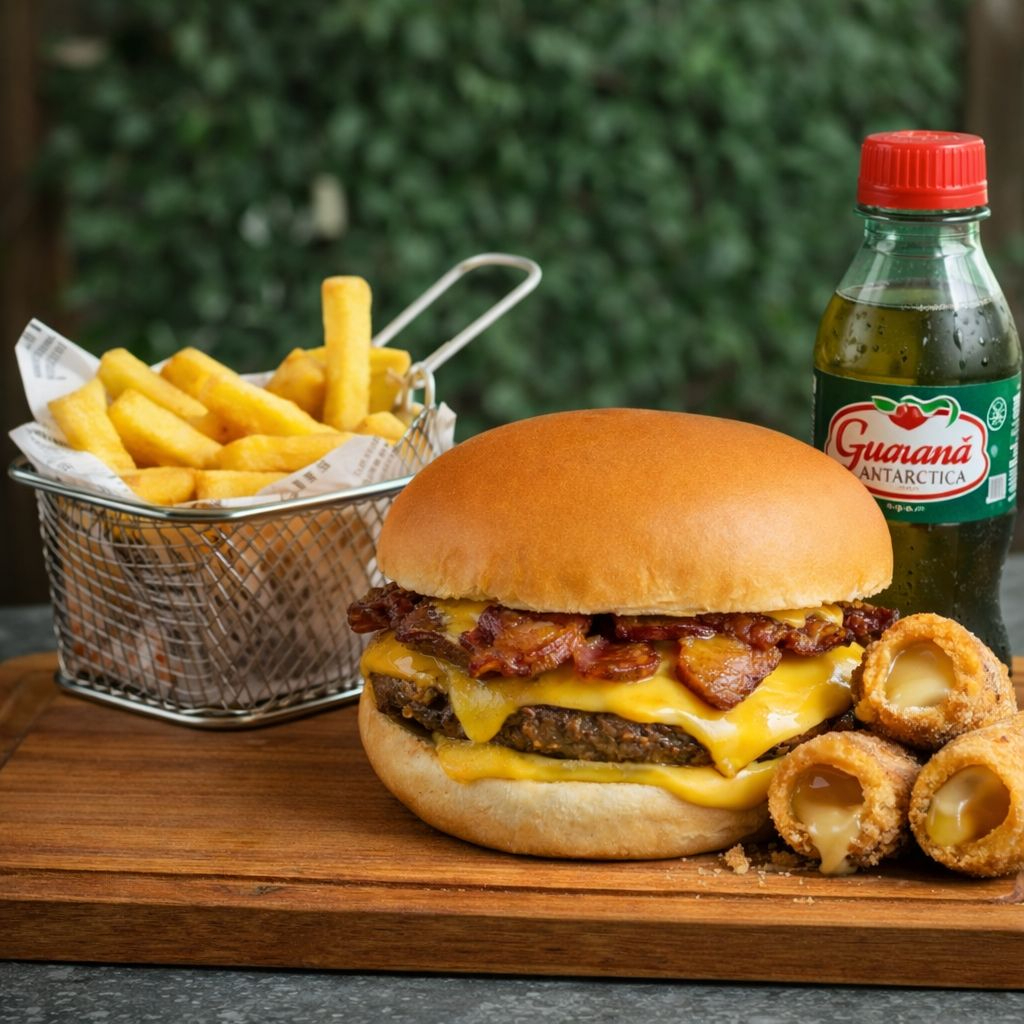 Hamburguer Brasa Cheddar e Bacon + Fritas + Refri 200ml + Churros 3un
