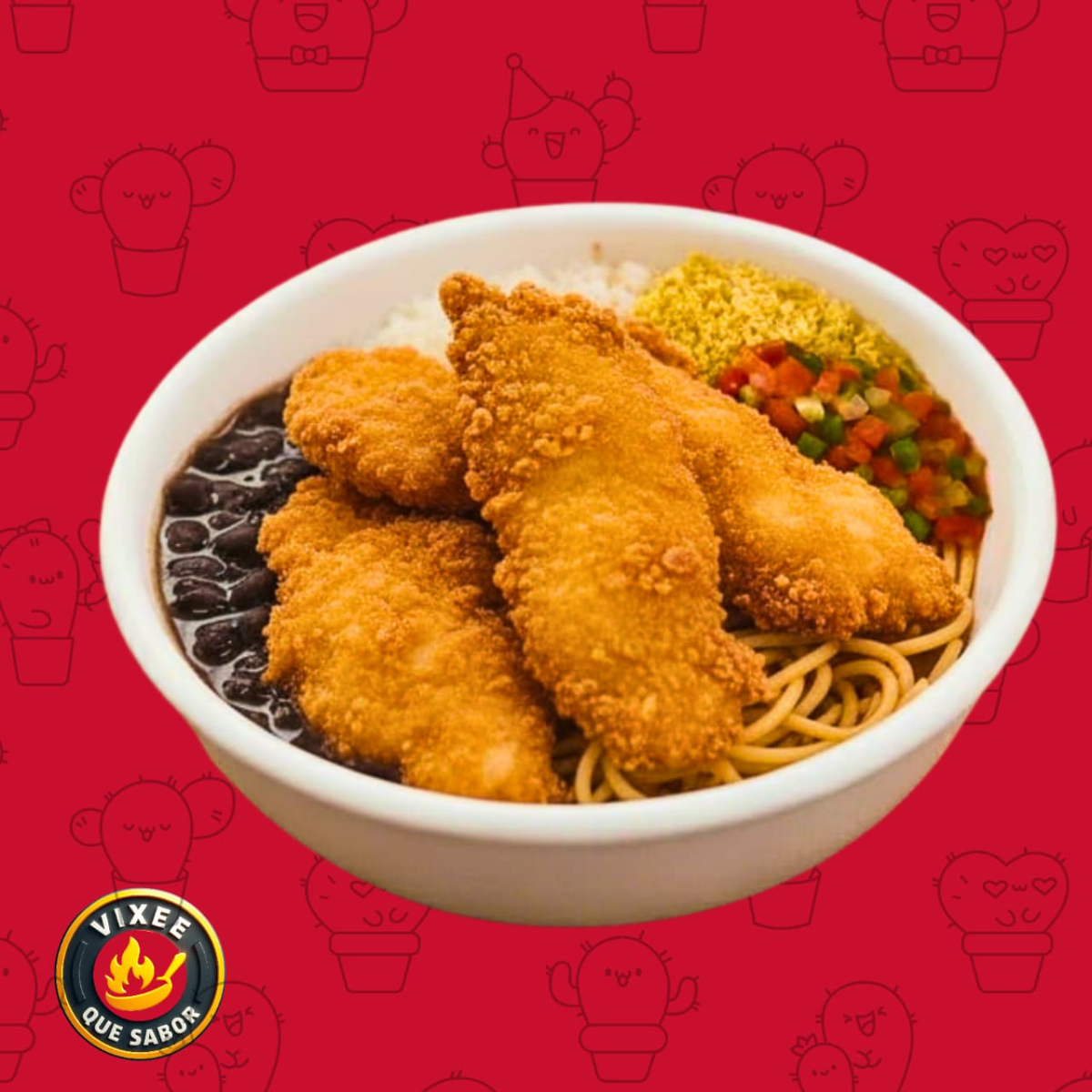 Filé de frango empanado, arroz, feijão preto, macarrão, vinagrete e farofinha.