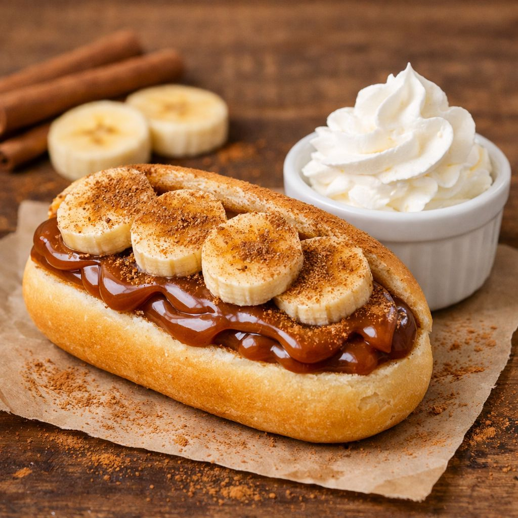 DOCE DE LEITE, BANANA EM RODELAS, CANELA EM PÓ E CHANTILY A PARTE.