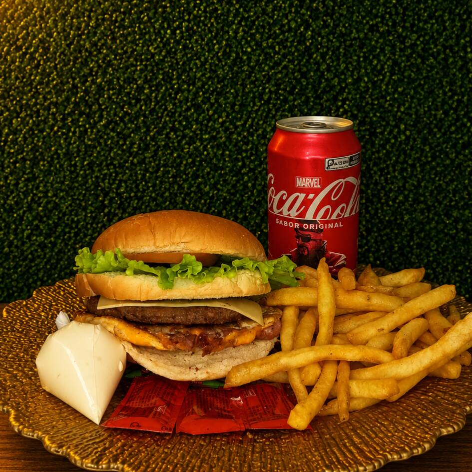 Pão, Carne, Ovo, Bacon, Mussarela, Alface, Maionese Caseira, Tomate, Milho, Batata Palha.
200g de Batata Frita Coca Lata