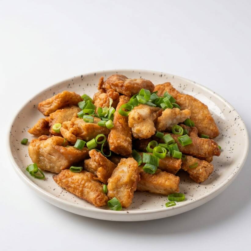 Lombo em fatias, temperado e frito, crocante, salpicado com alho e cebolinha