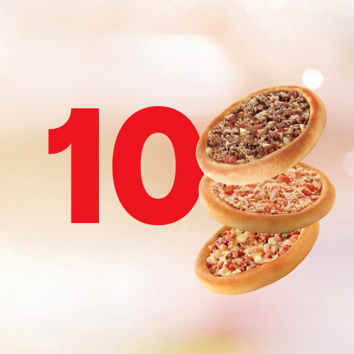 Elas são tão saborosas que não dá para comer só uma! Vem pedir 10 Esfihas Clássicas: Carne, Frango ou Calabresa com Mussarela. Delícia!