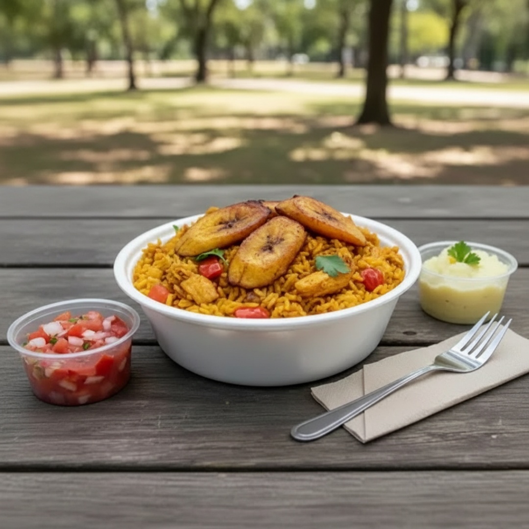 Frango desfiado bem temperado com arroz amarelo, servido com purê de batata e vinagrete. Uma opção leve, completa e cheia de sabor.