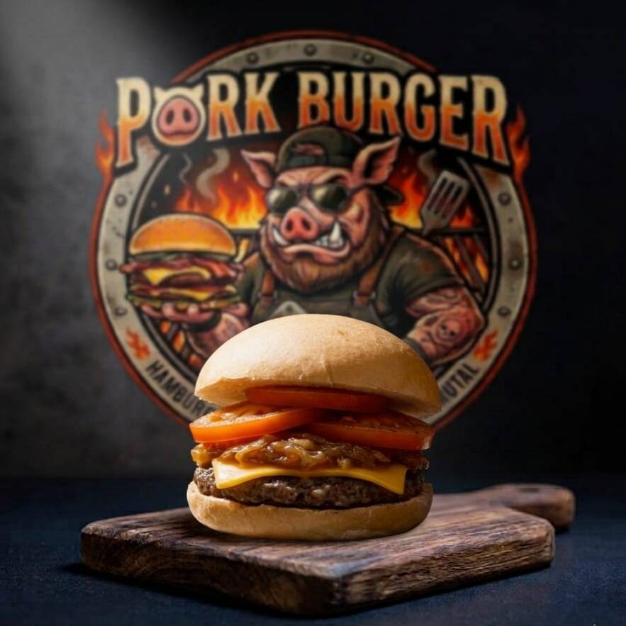 Hambúrguer Angus (Smash 100g - Esmagado na Chapa), com queijo cheddar americano derretido, cebola caramelizada e tomate chapeado. Completa com molho barbecue artesanal e mostarda de qualidade, tudo fechado no pão levemente selado para manter todo o frescor.