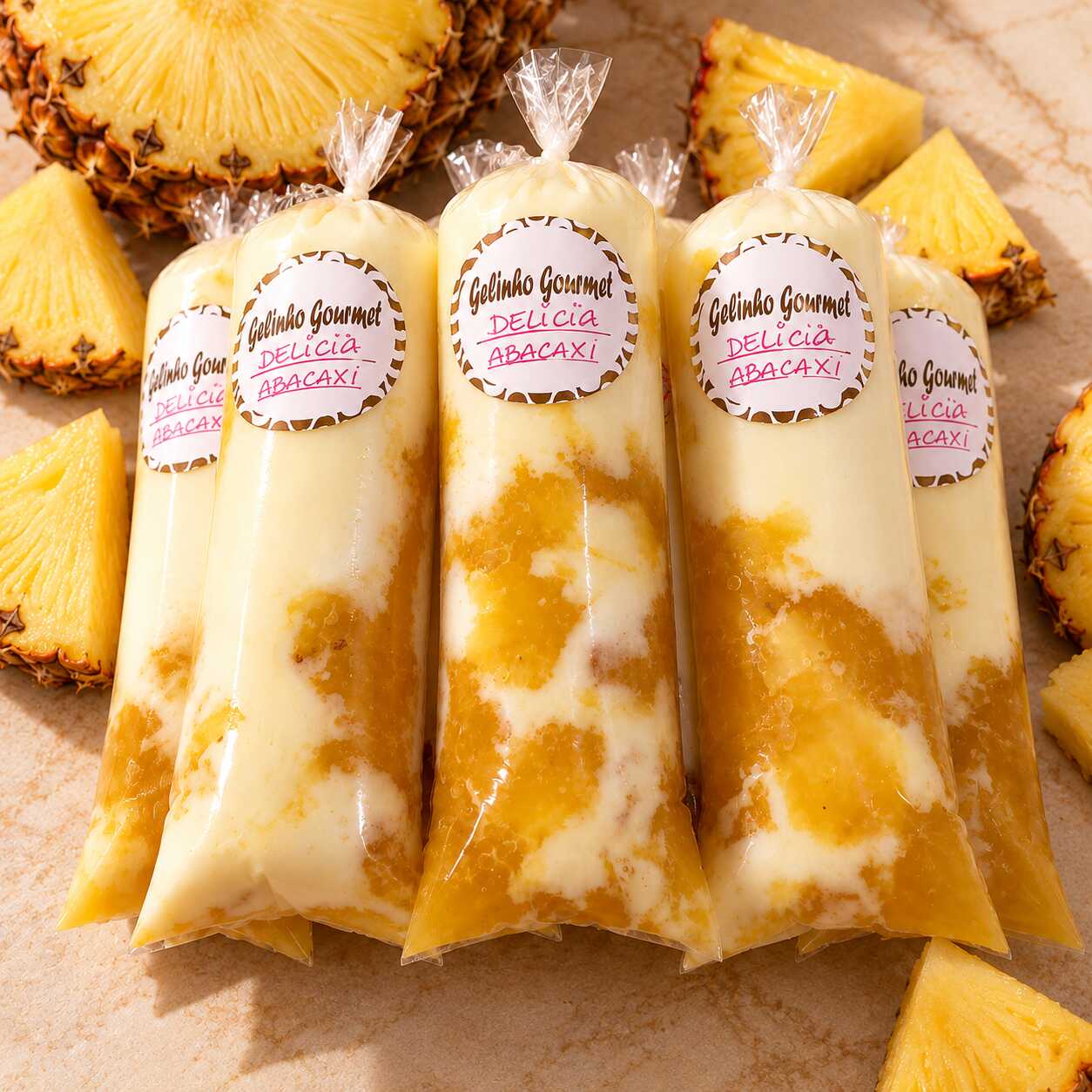 Juju Gourmet Delícia de Abacaxi: sobremesa cremosa preparada com abacaxi e pedacinhos da fruta. Uma combinação leve e refrescante, com o sabor marcante do abacaxi em mordida.