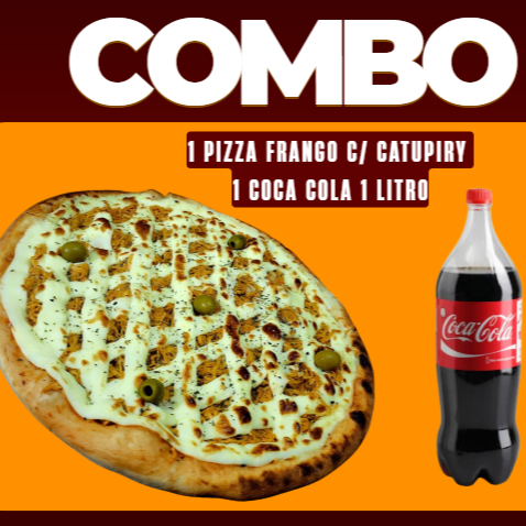 1 PIZZA GRANDE 35CM DE FRANGO DESFIADO COM CATUPIRY + 1 COCA COLA 600ML