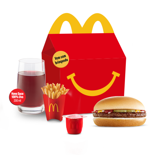 O McLanche Feliz acompanha sanduíche hambúrguer com tomatinho ou McFritas como acompanhamento, uma refrescante bebida e Petit Suisse do Méqui como sobremesa. Brinquedo sujeito a disponibilidade de estoque por restaurante. Confira informações nutricionais