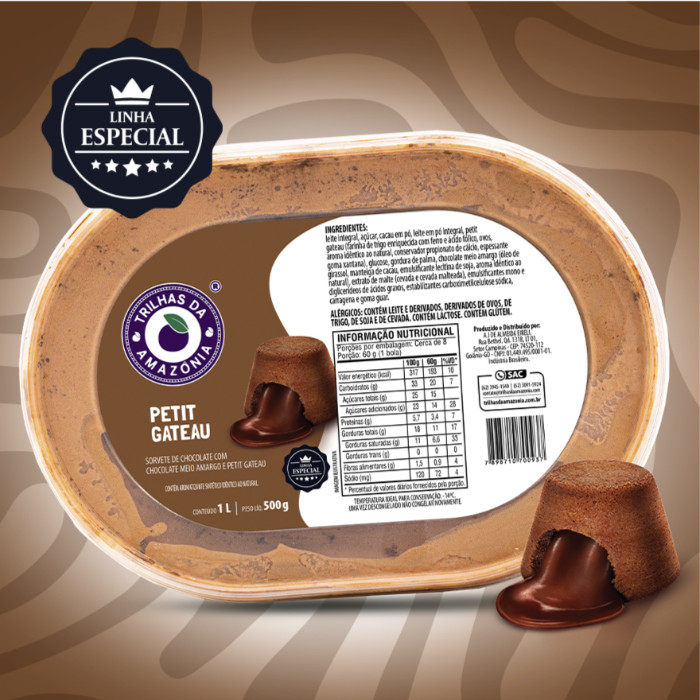 Sabor de chocolate com pedaços de bolinho petit gateau. Contém leite, derivados de ovos, de trigo e de soja. Contém Glúten.