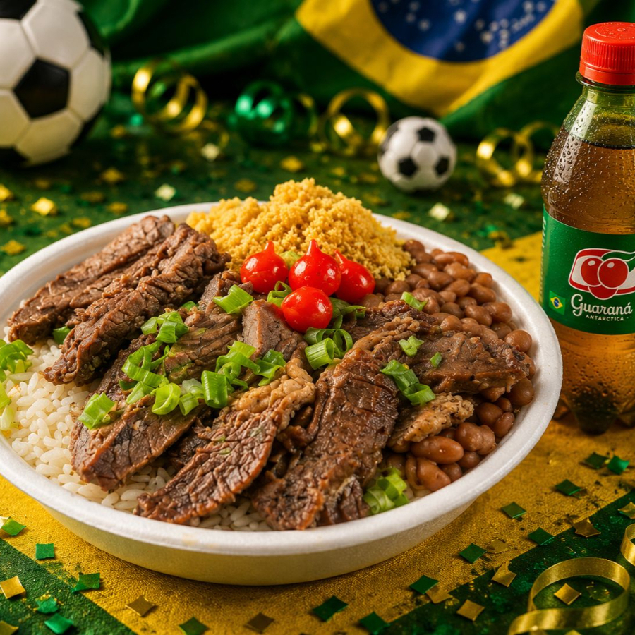 suculenta fatia de picanha grelhada no ponto certo, acompanhadas de arroz soltinho, feijão caseiro, farofa crocante e saladinha de vinagrete. Finalizada com cebolinha e um toque de pimenta biquinho. Uma explosão de sabor! Guaraná 200ML com desconto..