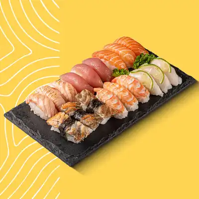 3 Sushi Salmão 3 Sushi Peixe Branco, 3 Sushi Camarão 3 Sushi Salmão Skin (Pele de Salmão) 3 Sushi Salmão Toast (Maçaricado) 3 Sushi Atum.