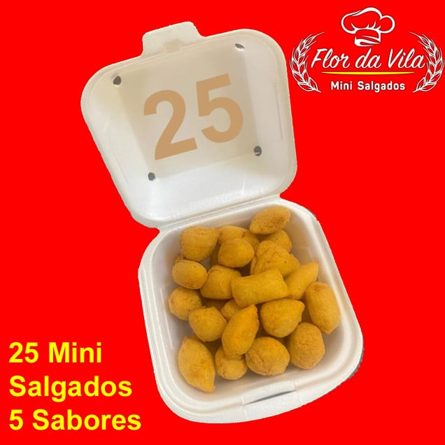 25 Deliciosos mini salgados(13grs). 5 Sabores: Coxinha, presunto e queijo, rissole de carne, enroladinho de salsicha e requeijão. Embalagem Isopor. Não aceitamos alterações neste Mix promocional.