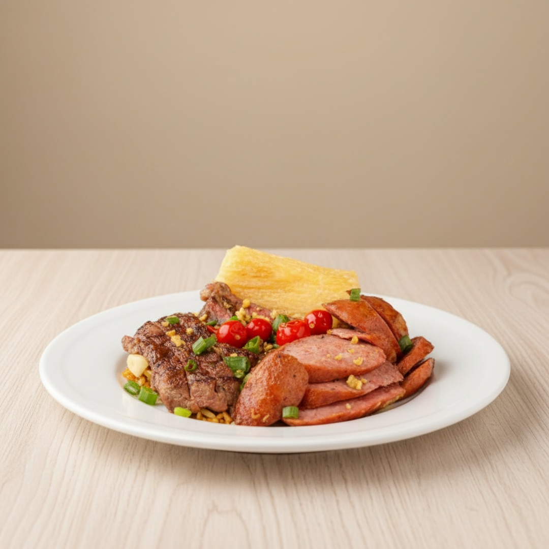 Nosso Delicioso Baião De Dois, É Feito Com Linguiça Defumada sadia, Cebola, Arroz, Feijão De Corda Legitimo, queijo coalho, Regado Com Manteiga De Garrafa Pra Deixar Aquele Sabor Inconfudivel, Tempero Baiano, Coloral E Salsinha. Acompanha Mandioca Frita Na Manteiga, e tiras de fraldinha e toscana. Finalizado Com Cebolinha, Pimenta Biquinho e alho frito