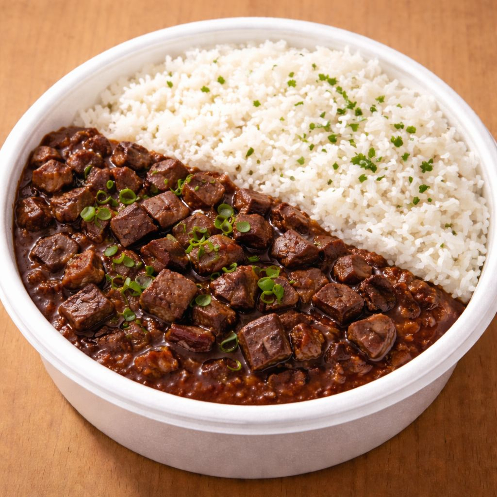 Marmita de Sarapatel com arroz e farofa.