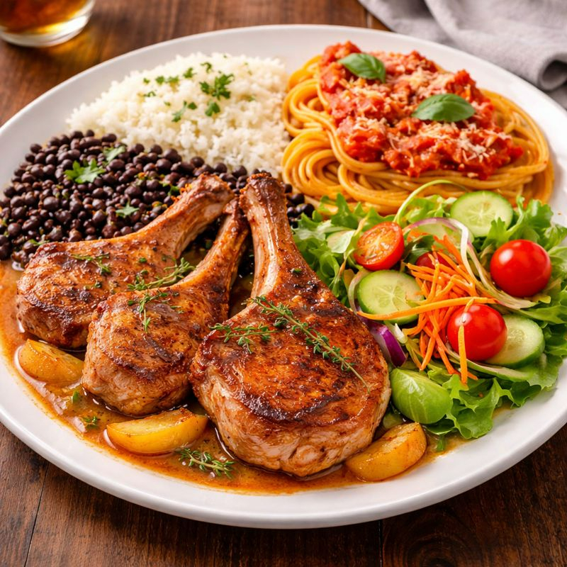 Acompahamentos:Arroz,Feijao,Macarrao,Carre Assado e Salada Mix