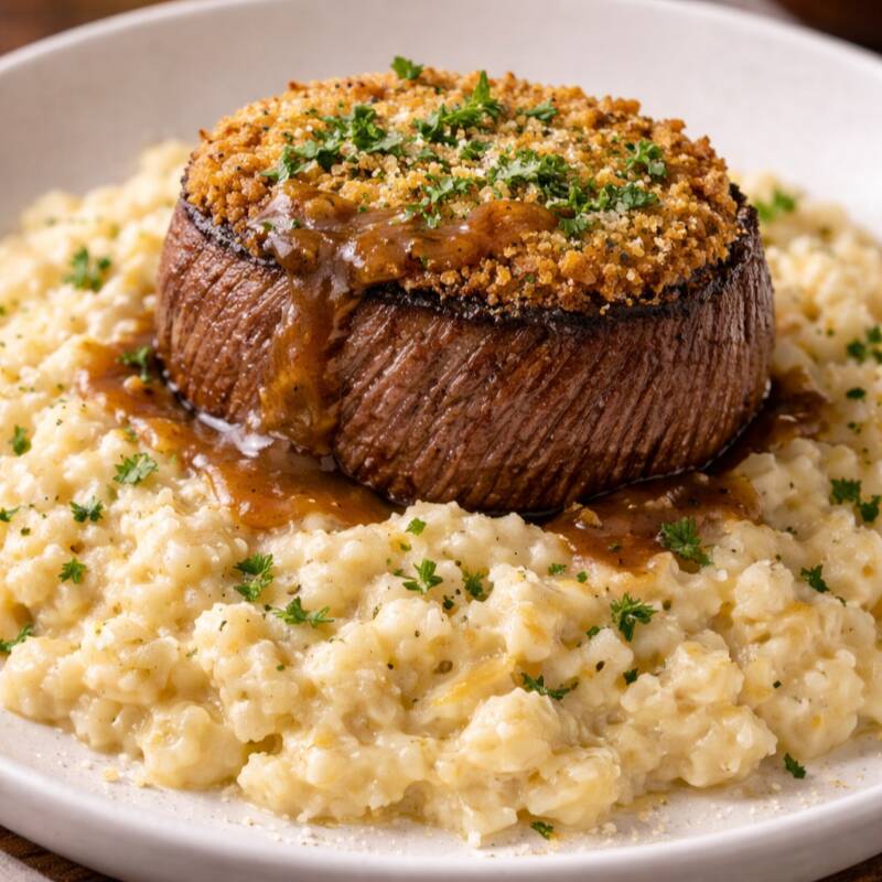 Corte alto do Filé mignon, ao ponto para mal, crosta de cogumelo, servido com risoto de queijo parmesão com pimenta do reino.